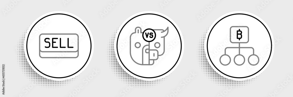 Poster set line blockchain technology bitcoin, sell button and bull and bear of stock market icon. vector