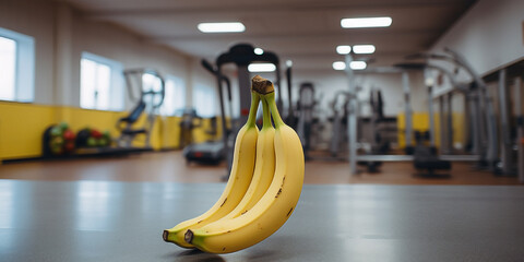 Bananas in the gym. Fruit for the exercise routine.