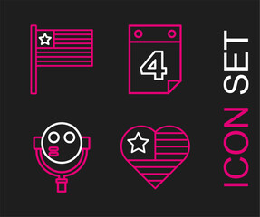 Set line USA Independence day, Tourist binoculars, Calendar with date July 4 and American flag icon. Vector