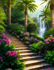 Fototapeta na wymiar Steps to Paradise with Beautiful Surrounding. Paradise on Earth. Escape to nature.