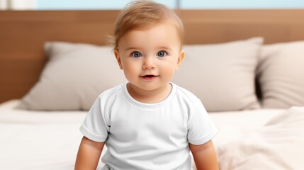 Cute baby sitting on the bed.
