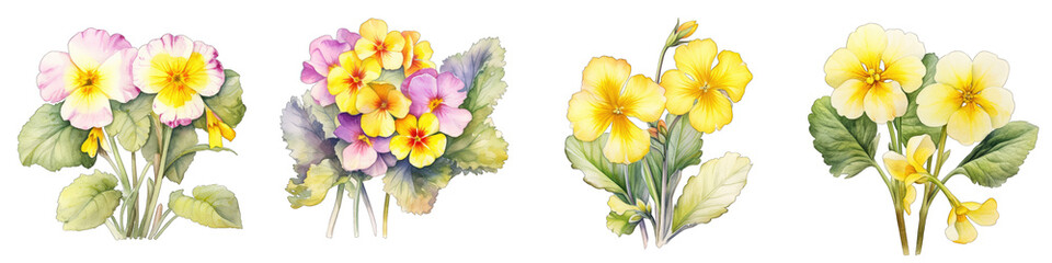 Primrose  Botanical View On A Clean White Background Soft Watercolour Transparent Background