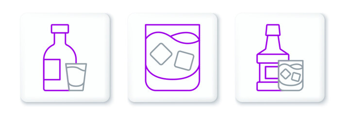 Set line Whiskey bottle and glass, Bottle of vodka with and Glass whiskey icon. Vector