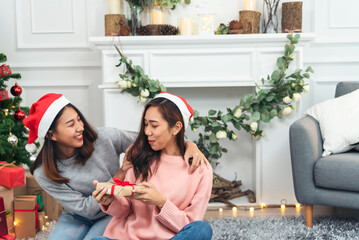 Two Women siblings using hands decorate Christmas tree red ball, bauble, snow flake. Close up hands holding red ball bauble decorate. Asian woman friends decor bauble ball christmas tree xmas holiday