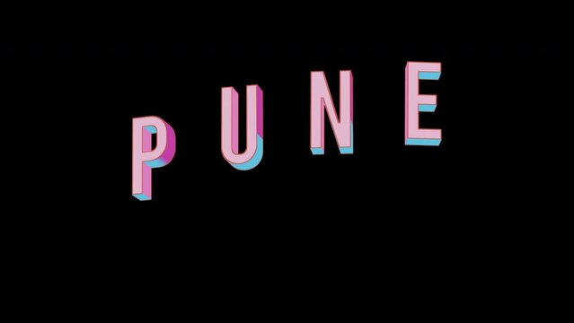 Bright letters jump merrily in the inscription PUNE city. Retro. Alpha channel black. Looped from frame 120 to 240, Alpha BW at the end