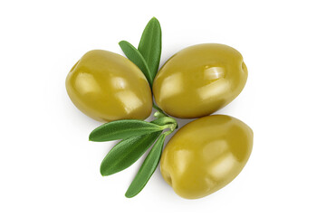 Green olives with leaves isolated on a white background with full depth of field. Top view. Flat lay