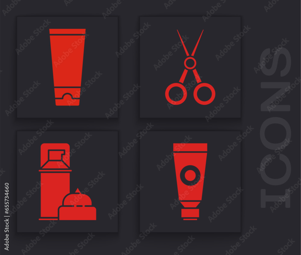 Poster set cream or lotion cosmetic tube, cream or lotion cosmetic tube, scissors hairdresser and shaving g