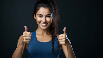 Smiling Woman, fitness and thumbs up to health, workout and training to live an active, wellness and healthy lifestyle with gym