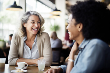 Happy smiling middle aged female friends sitting in a café laughing and talking during a lunch break - obrazy, fototapety, plakaty