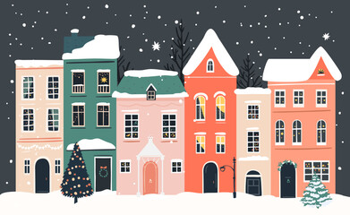 Christmas town, european houses street with falling snow. Winter city scene, vector illustration for greeting card design
