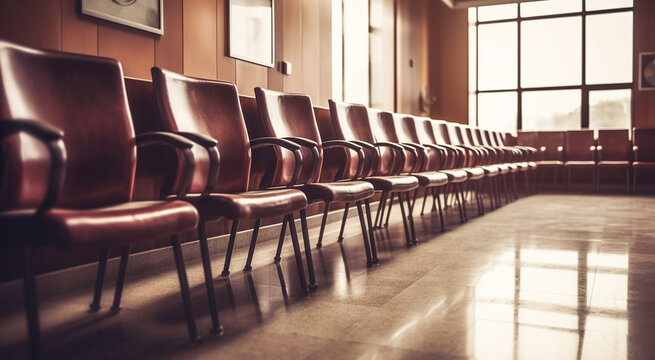 Modern large waiting room with empty chairs, AI generated image without reference