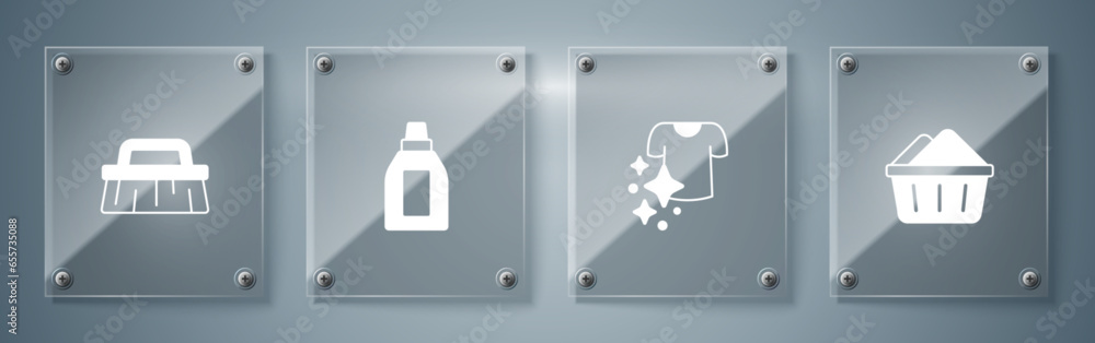 Sticker set basin with soap suds, drying clothes, bottle for cleaning agent and brush. square glass panels. 