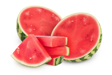 Red seedless watermelon half isolated on white background with full depth of field.
