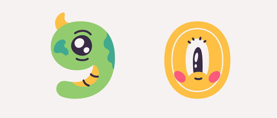 Cute funny monster numbers. Font for kids. Different symbols. Vector illustration eps10. Simple flat style. Bright, colorful cartoon elements. Typography template. Number shapes. Children characters.