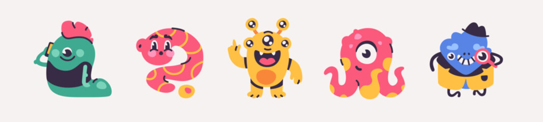 Cute funny cartoon monsters set. Simple shapes. Vector illustration eps10. Funny colorful characters. Different emotions. Simple flat design. Stickers.