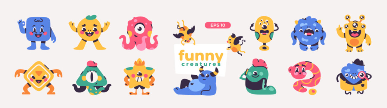 Cute funny cartoon monsters set. Simple shapes. Vector illustration eps10. Funny colorful characters. Different emotions. Simple flat design. Stickers.