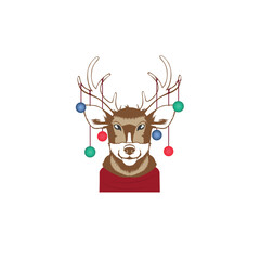 Christmas deer with Christmas tree decorations on its antlers. Vector illustration.