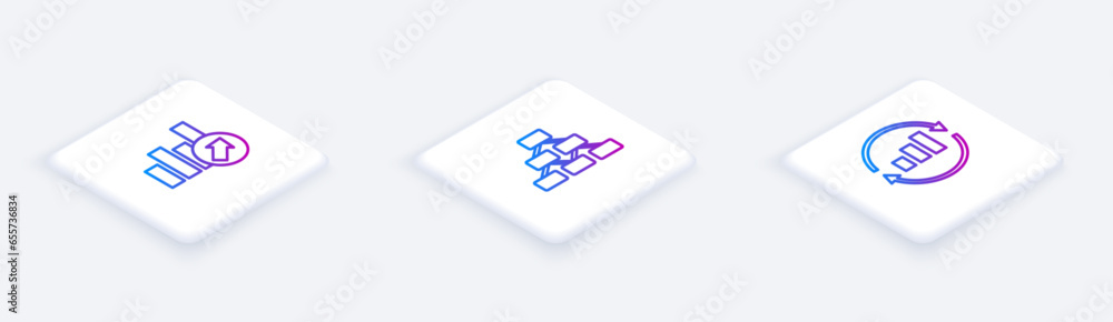 Poster set isometric line financial growth, hierarchy organogram and graph chart infographic. white square 