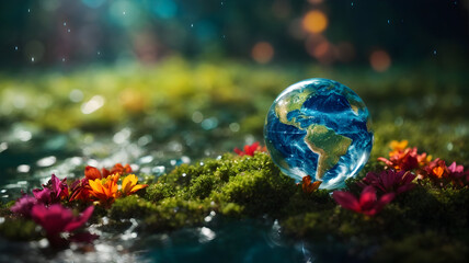 Earth inside a water drop on moss and flower with bokeh background, The concept of sustainable environment, save the world. Illustration for graphic design, template, backdrop