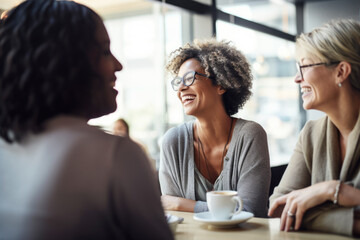 Obraz premium Happy smiling middle aged female friends sitting in a café laughing and talking during a lunch break