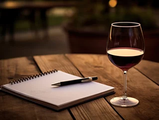  notepad and glass of wine with a pen on it nostalgic atmosphere © Fotostockerspb