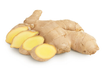 Fresh Ginger root and slices isolated on white background
