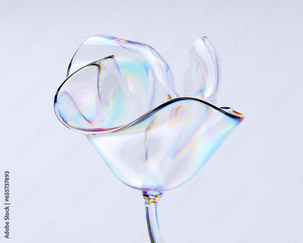 Poster 3d render glass flower, multicolored gradient abstract shape. 3d rendering holographic spectrum text