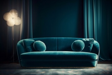 Blue Velvet Couch in Cozy Dimly Lit Room