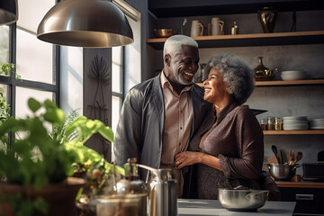 Senior happy smiling african american couple enjoying and cooking healthy dinner together on kitchen at home