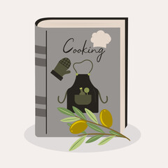 Flat Design Illustration with Cooking Book and  Apron, Kitchen Tools , Olive
