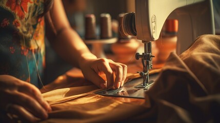 Artistry in Action: Close-Up of a Woman hands Sewing clothes on an Electric Machine - obrazy, fototapety, plakaty