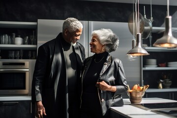 Senior luxury smiling african american couple enjoying time together hugging on kitchen at home