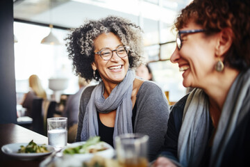 Happy smiling middle aged female friends sitting in a café laughing and talking during a lunch break