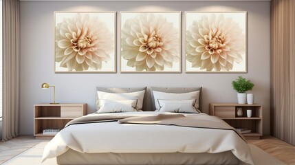 Bed Room Elevated by a Set of Three Art Paintings Featuring White and Golden Dahlias