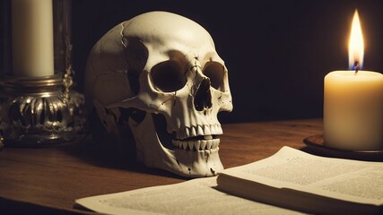 a skull sitting next to a lit candle on a table