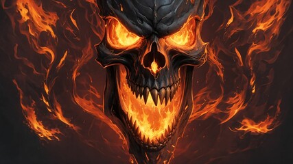 Fototapeta premium a skull with a flamey head on it's face is shown in the middle of a dark background