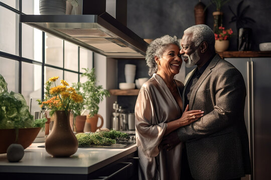 Senior Happy Smiling African American Couple Enjoying And Cooking Healthy Dinner Together On Kitchen At Home