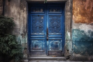 Fototapeta na wymiar A vibrant blue door with a lush plant adorning its entrance