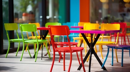 Fototapeta na wymiar Chic Cafe Decor with a Pop up Colors on Tables and Chairs