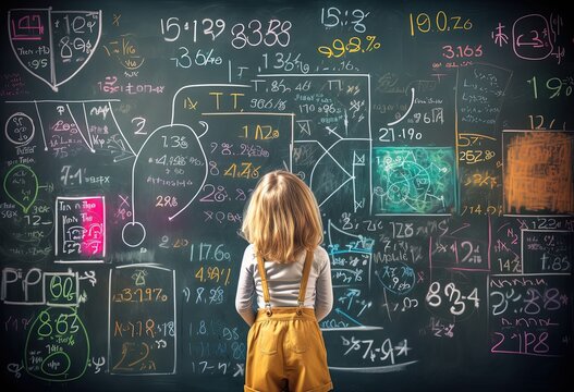a girl with blackboard full of mathematic formula and calculation on it, Generative Ai
