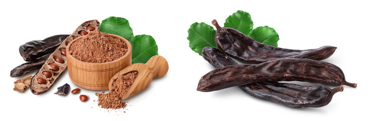 Carob pod and powder in wooden bowl isolated on white background with full depth of field. - obrazy, fototapety, plakaty