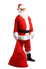Joyful Santa Claus holding red bag with Christmas presents. Cheerful Santa Claus holding pile with gift boxes, isolated on transparent background.