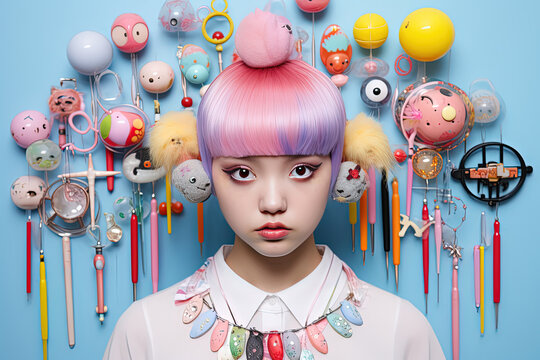 close up portrait of teenage girl wearing colorful make up and hair accessories, street fashion fun style, Generative Ai