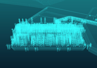 LNG plant based on gravity. Scheme. 3d-rendering