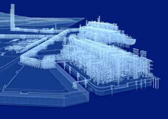 LNG plant based on gravity. Scheme. 3d-rendering