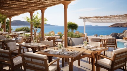 Coastal Restaurant Terrace Overlooking the Sea with Tables and Chairs