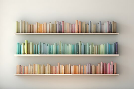 bookshelf colorful books on white shelf on wall concept illustration image, in the style of muted, earthy tones, photographically detailed portraitures, photo-realistic still life, witty and satirical