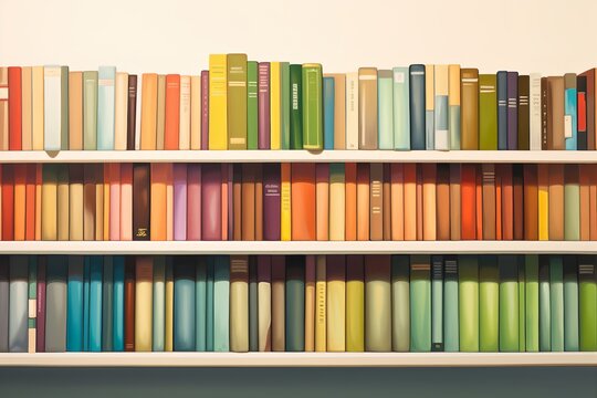 bookshelf colorful books on white shelf on wall concept illustration image, in the style of muted, earthy tones, photographically detailed portraitures, photo-realistic still life, witty and satirical