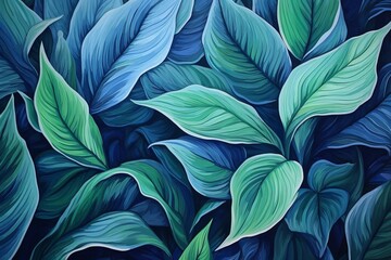 leaves of Spathiphyllum cannifolium impasto atyle art, blue and green gradient color shade,...
