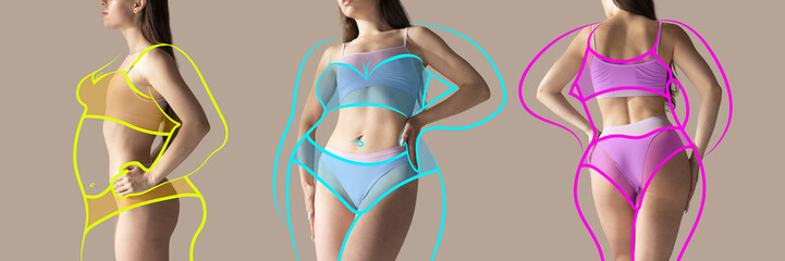 Banner. Cropped photo of slim female bodies in underwear with drawn blue, yellow and pink overweight silhouette posing against studio background. - obrazy, fototapety, plakaty